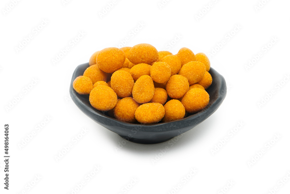 Fried Crispy Chilli Peanuts with Sea Salt and Pepper in a Black Bowl. Appetizer for beer. Spicy snack peanut. Fried Crispy Chilli Peanuts with Sea Salt and Pepper in a Black Bowl. Appetizer for beer. Spicy snack peanut.
