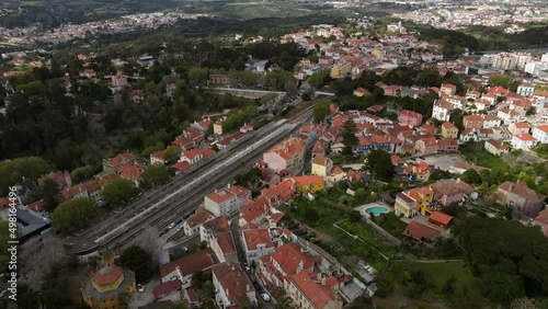 Aerial drone view of Sintra, Portugal old city at Sintra National Palace. Famous tourism destination. 