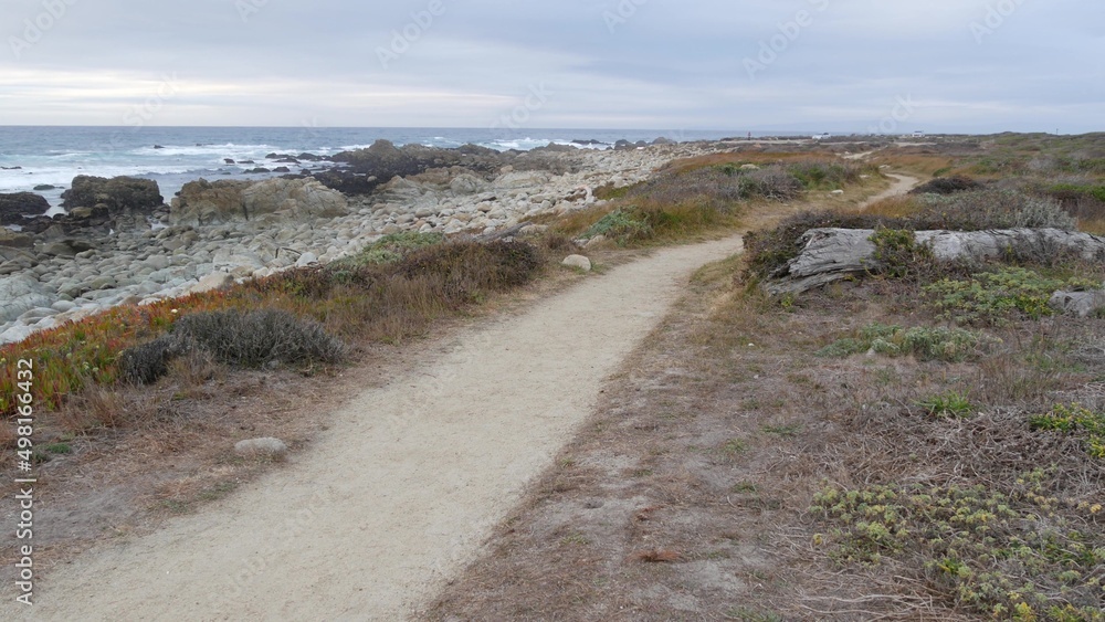 Rocky craggy ocean coast, sea water waves crashing on rocks, 17-mile drive, Monterey, California USA. Nature near Point Lobos, Big Sur, Pebble beach. Cloudy weather. Footpath, walkway or footway trail
