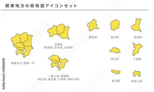 日本地図、関東地方の県地図アイコンセット、ベクター素材 photo