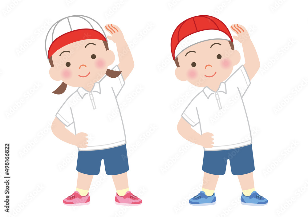 準備運動をする体操服の子ども 準備運動をする体操服の子ども