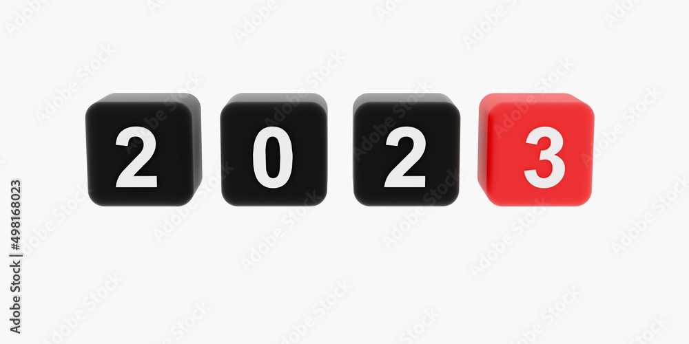 2023 Illustration, schwarze und rote Würfel freigestellt auf weißem Hintergrund 2023 Illustration, schwarze und rote Würfel freigestellt auf weißem Hintergrund