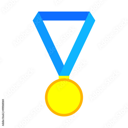 Gold blue ribbon medal. Sport award. Olympic sport. Championship trophy. Vector illustration. stock image. 