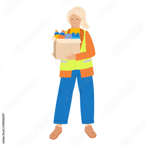 Volunteers with donations volunteering concept. Girl handing out food, charity young student, altruistic activity. Helping poor refugees Ukraine. Philanthropy, kindness outline cartoon vector