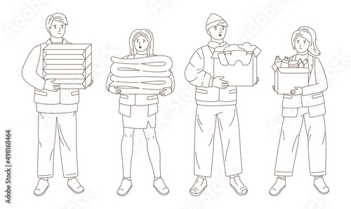 Volunteers with donations volunteering concept. Doodle helping poor refugees migrant. Charity diverse people young students, altruistic character. Philanthropy, kindness outline cartoon vector