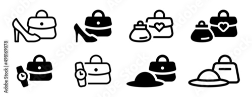 Woman fashion accessories icon set. containing heels, bag, purse, watch and hat icon in back design.