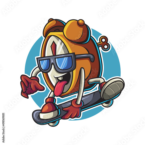 Alarm clock character skateboarding vector illustration