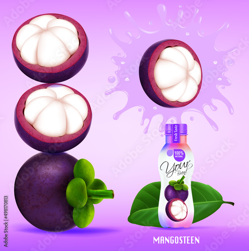 Mangosteen bottle design with Mangosteen juice splashes.illustration vector