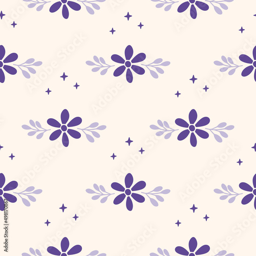 Floral vector seamless pattern. Daisy flower and star on beige background. Modern drawing. Creative botanical fabric print, digital paper, textile design, kids and baby clothes, apparel, scrapbooking.