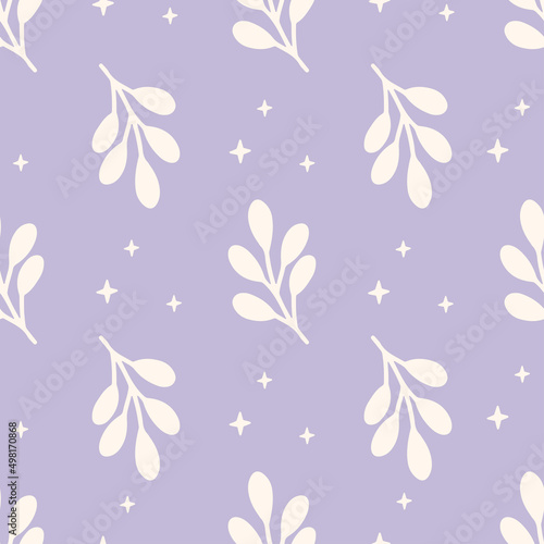 Floral vector seamless pattern. Branch and star on very peri background. Modern drawing. Creative botanical fabric print, digital paper, textile design, apparel, cover, scrapbooking.