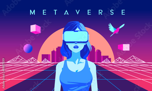 woman wearing glasses virtual reality 3d metaverse technology futuristic interface vector illustration