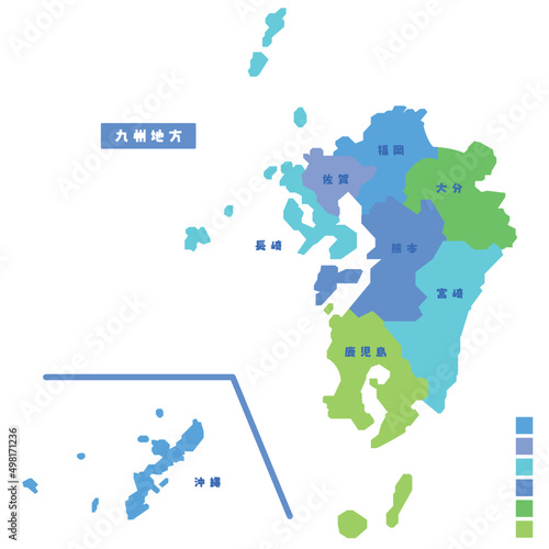 日本の地域図・日本地図 九州地方 雨の日カラーで色分けしてみた