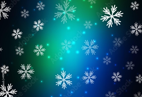 Dark Blue, Green vector pattern with christmas snowflakes, stars.