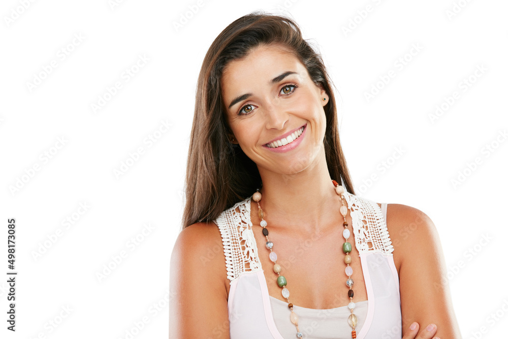Nothing more beautiful than happiness. Studio portrait of a happy young woman posing against a white background. Nothing more beautiful than happiness. Studio portrait of a happy young woman posing against a white background.