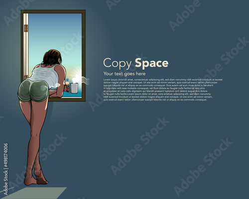 Woman leaning out the window, and enjoy drinking her coffee in the morning copy space background, can be used as advertisement, design element, poster, or any other purpose