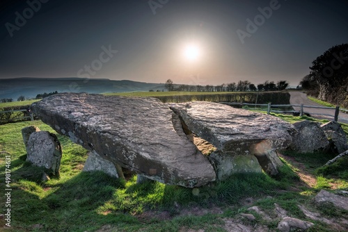 Sunset over the top surface of Arthur's Stone,Neolithic chambered tomb,Herefordshire,England,UK. photo