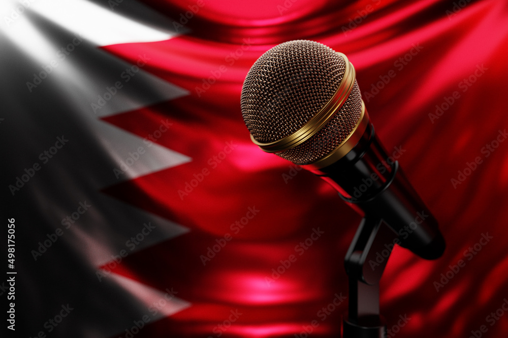 Microphone on the background of the National Flag of Bahrain, realistic 3d illustration. music award, karaoke, radio and recording studio sound equipment