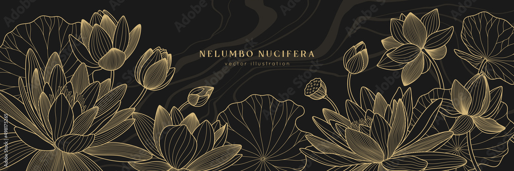 Gold lotus vector background with fluid marble. Luxury design template with line lily and leaves. Nelumbo nucifera flower for banners, invitations, cover and packaging design. - obrazy, fototapety, plakaty 