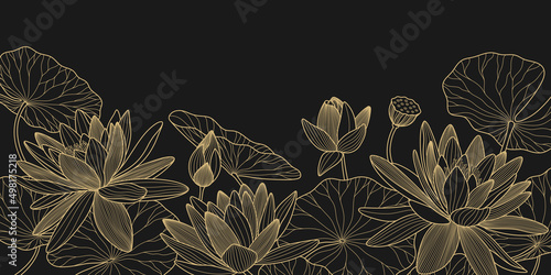 Gold lotus vector background. Luxury design template with line lily and leaves. Nelumbo nucifera flower for banners, invitations, cover and packaging design.
