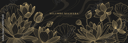 Gold lotus vector background with fluid marble. Luxury design template with line lily and leaves. Nelumbo nucifera flower for banners, invitations, cover and packaging design. photo