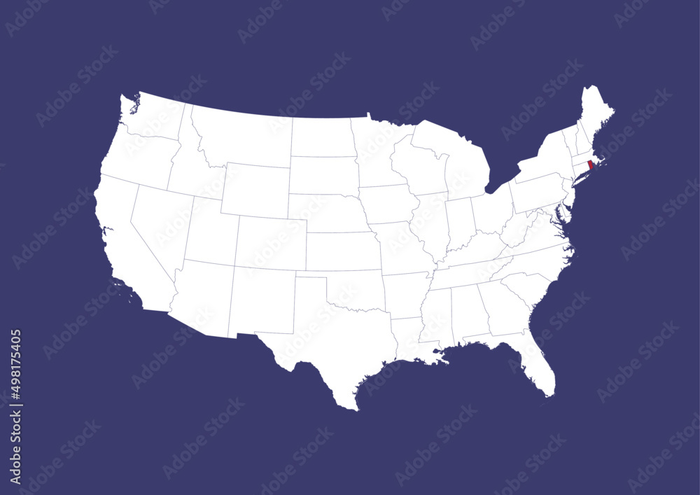 Rhode Island on the United States of America map, position of Rhode Island in the USA. Map in the colors of the USA flag.