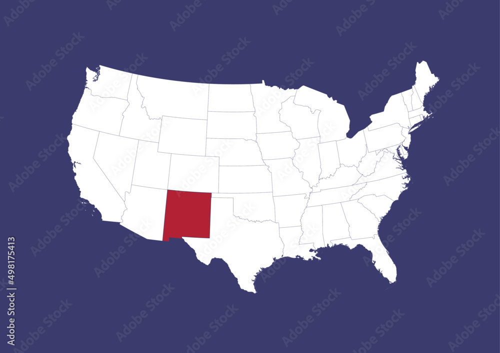New Mexico on the United States of America map, position of New Mexico in the USA. Map in the colors of the USA flag.