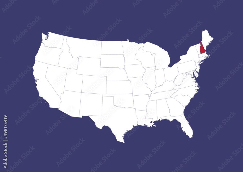 New Hampshire on the United States of America map, position of New Hampshire in the USA. Map in the colors of the USA flag.