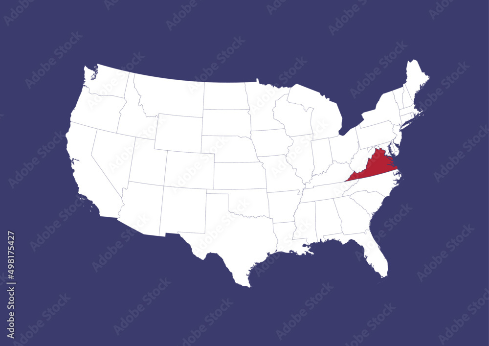 Virginia on the United States of America map, position of Virginia in the USA. Map in the colors of the USA flag.