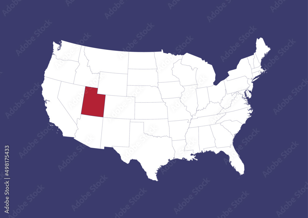 Utah on the United States of America map, position of Utah in the USA. Map in the colors of the USA flag.