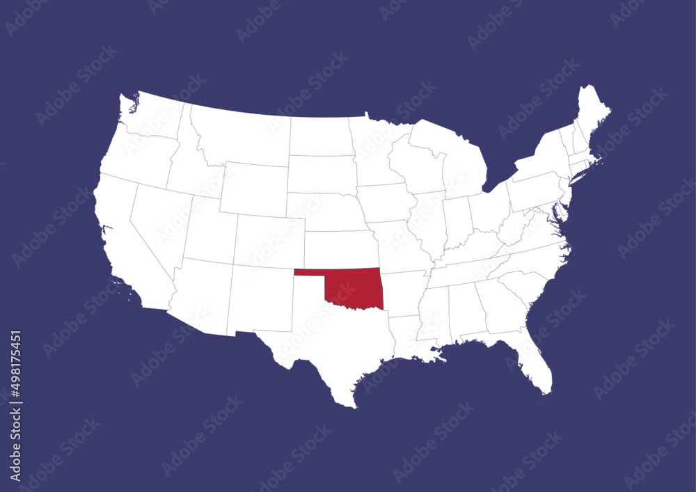 Oklahoma on the United States of America map, position of Oklahoma in the USA. Map in the colors of the USA flag.
