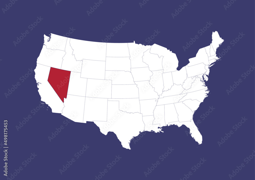 Nevada on the United States of America map, position of Nevada in the USA. Map in the colors of the USA flag.