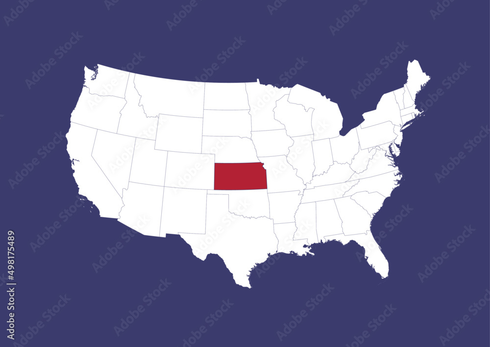 Kansas on the United States of America map, position of Kansas in the USA. Map in the colors of the USA flag.