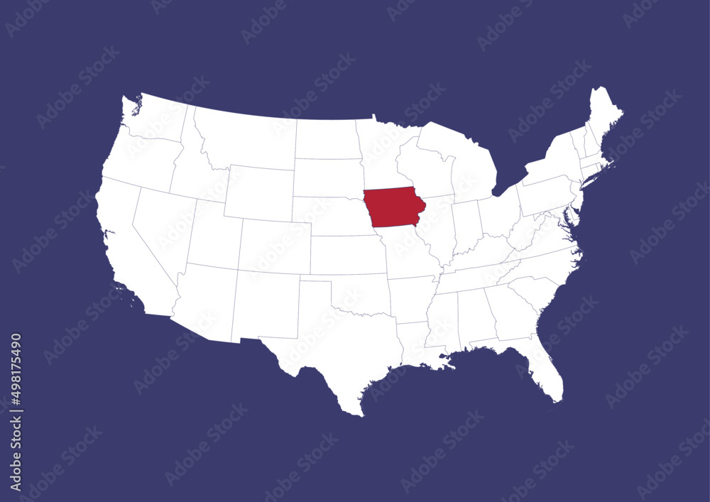 Iowa on the United States of America map, position of Iowa in the USA. Map in the colors of the USA flag.