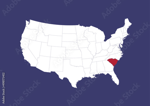 South Carolina on the United States of America map, position of South Carolina in the USA. Map in the colors of the USA flag.