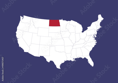 North Dakota on the United States of America map, position of North Dakota in the USA. Map in the colors of the USA flag.