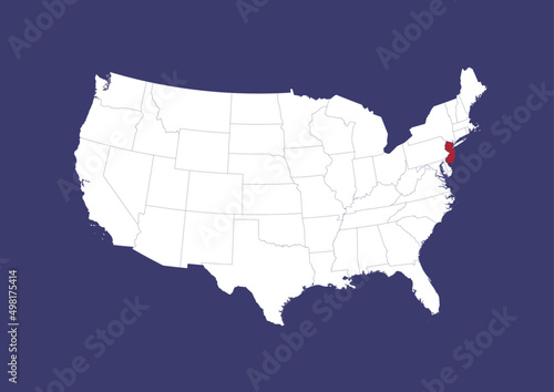 New Jersey on the United States of America map, position of New Jersey in the USA. Map in the colors of the USA flag.