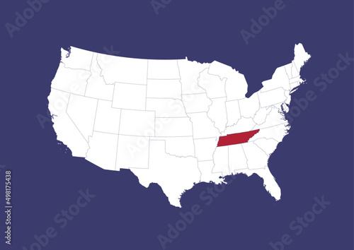 Tennessee on the United States of America map, position of Tennessee in the USA. Map in the colors of the USA flag.