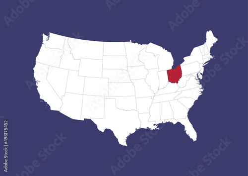 Ohio on the United States of America map, position of Ohio in the USA. Map in the colors of the USA flag.