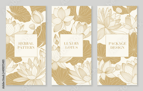 Banner set of golden patterns with lotuses and leaves. Luxury package design with line lily. Template for Chinese banners, cover, label, pattern. Elegant oriental nelumbo nucifera.