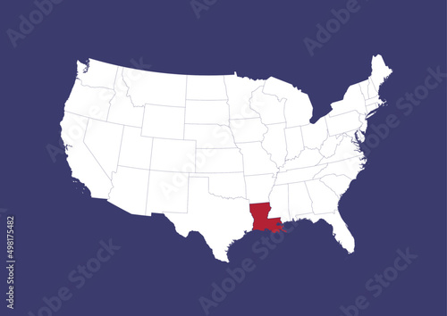 Louisiana on the United States of America map, position of Louisiana in the USA. Map in the colors of the USA flag.
