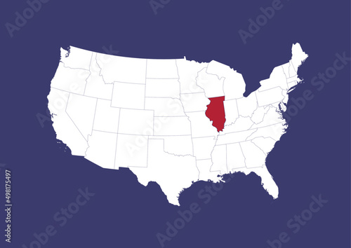 Illinois on the United States of America map, position of Illinois in the USA. Map in the colors of the USA flag.