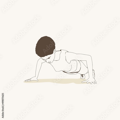 Young female workout. Sport girl doing push up exercise. Casual sportwear - t-shirt, breeches and sneakers. Young woman wearing workout clothes. Sport fashion girl outline in urban casual style.