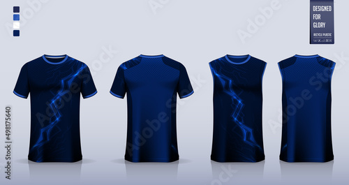 Blue T-shirt sport, Soccer jersey, football kit, basketball uniform, tank top, and running singlet mockup. Fabric pattern design. Vector.