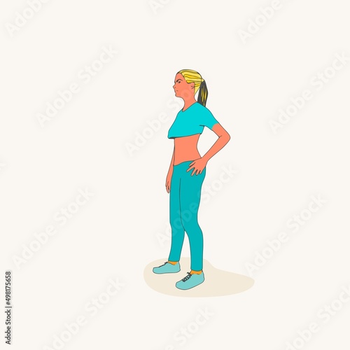 Standing woman. Sport girl illustration. Casual sportwear - t-shirt, breeches and sneakers. Young woman wearing workout clothes. Sport fashion girl outline in urban casual style.