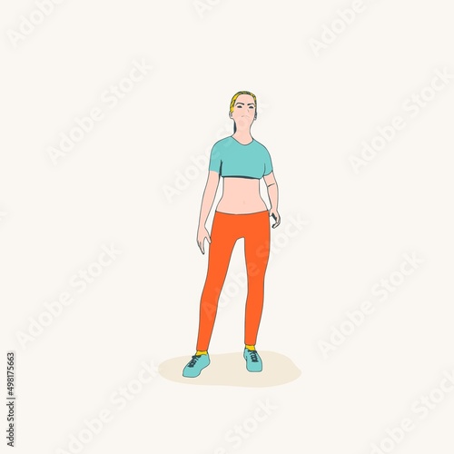 Standing woman. Sport girl illustration. Casual sportwear - t-shirt, breeches and sneakers. Young woman wearing workout clothes. Sport fashion girl outline in urban casual style.