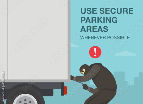 Heavy vehicle driving rules and tips. Checklist for truck drivers. A thief with a robbery mask trying to open the truck trailer. Flat vector illustration template. photo