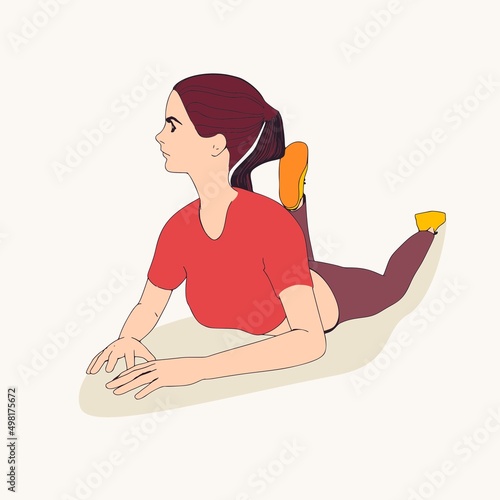 Lying woman. Sport girl illustration. Casual sportwear - t-shirt, breeches and sneakers. Young woman wearing workout clothes. Sport fashion girl outline in urban casual style.