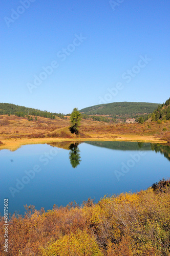 Reflection of a lonely pine tree and mountain ranges in the calm water of a beautiful lake in early autumn. © Алексей Желтухин