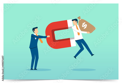 Businessman getting coins and bills with magnet, path to be a millionaire, financial success and growth
