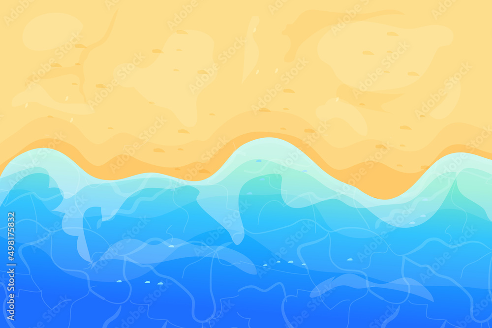 Summer beach with sand and waves top view in cartoon style, background. Tropical coast line, landscape, scenery. Summer beach with sand and waves top view in cartoon style, background. Tropical coast line, landscape, scenery.